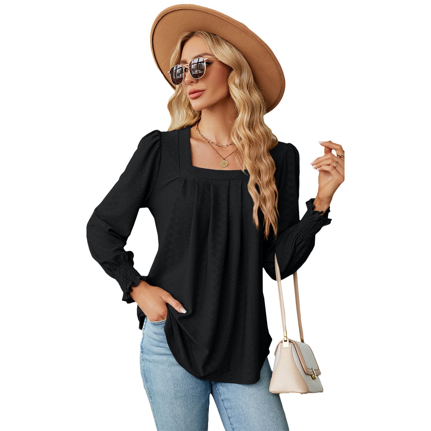 Jacquard Pleated Square Collar Long Sleeve Swallowtail Solid Color T-shirt For Women