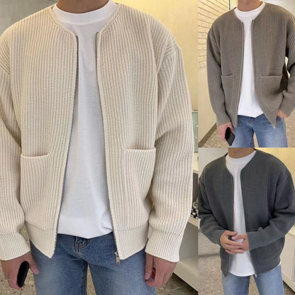 Men's Zip-Up Knitted Cardigan with Funnel Neck, Soft & Comfortable, All-Season Sweater with Pockets