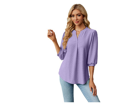 Solid Color Lace Collar Jacquard Long Sleeve Loose-fitting T-shirt Top