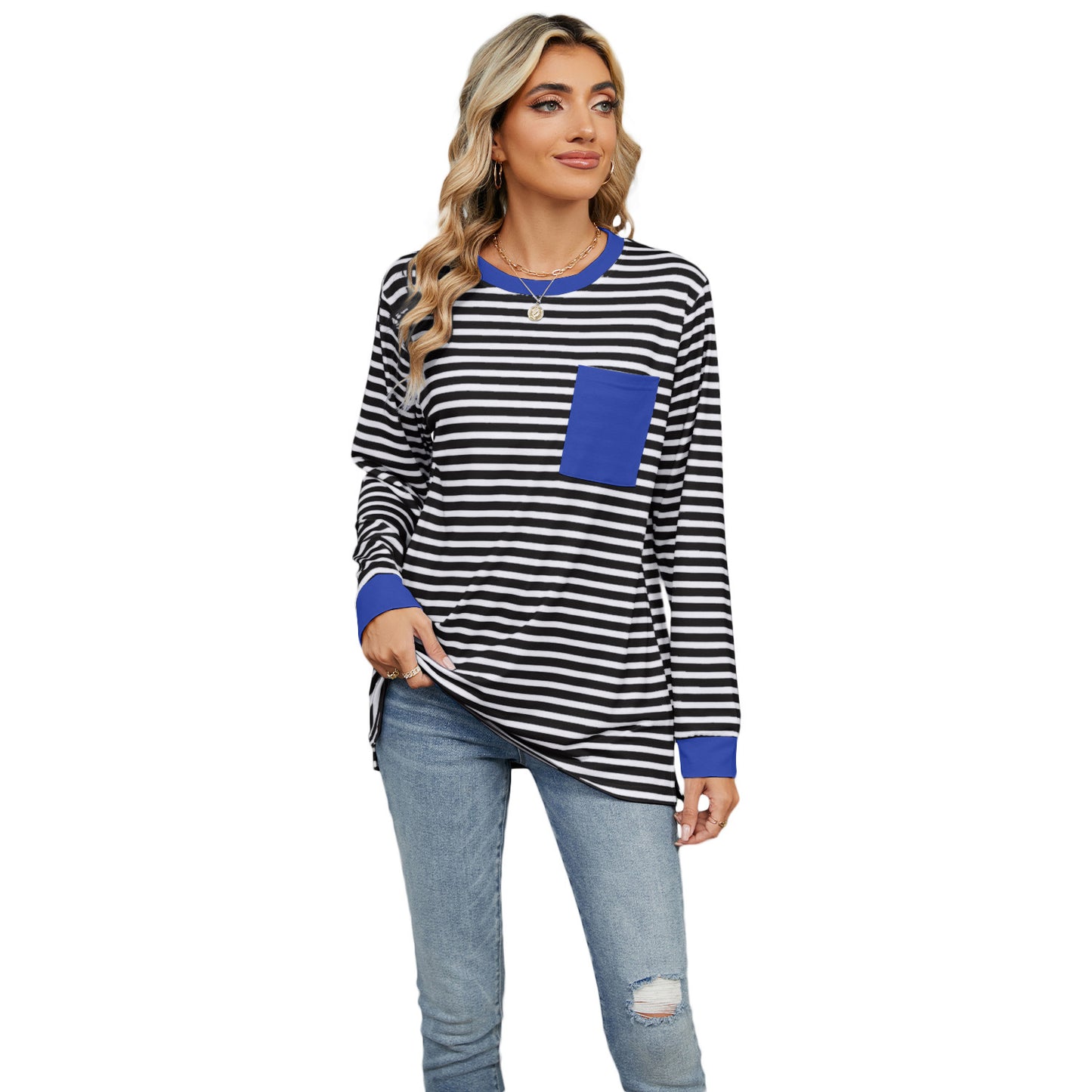 Women's Round Neck Pocket Split Upper Clothes Long Sleeves T-shirt