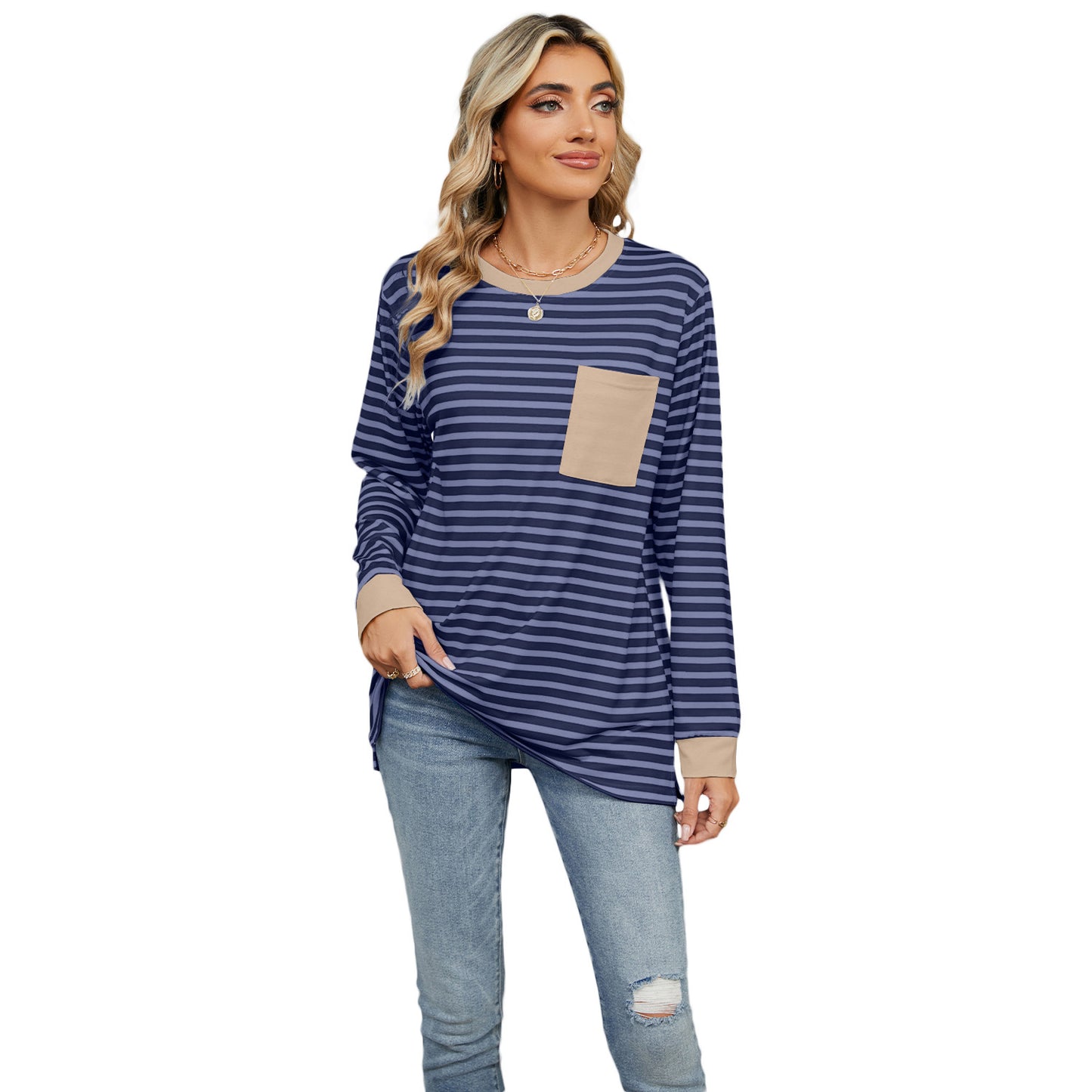 Women's Round Neck Pocket Split Upper Clothes Long Sleeves T-shirt