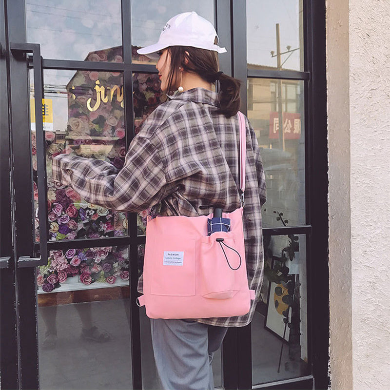 Harajuku Canvas Handbag - Preppy Backpack with Pockets for Women