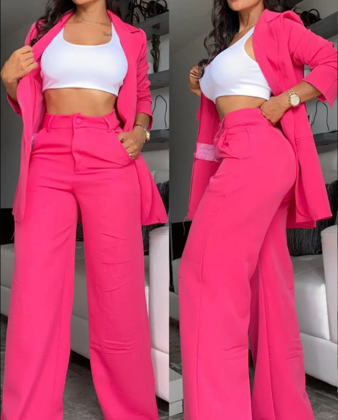 Pure Color Split Sleeve Lapel Suit Straight-leg Pants Suit Women