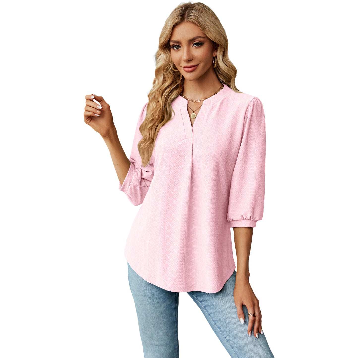 Solid Color Lace Collar Jacquard Long Sleeve Loose-fitting T-shirt Top