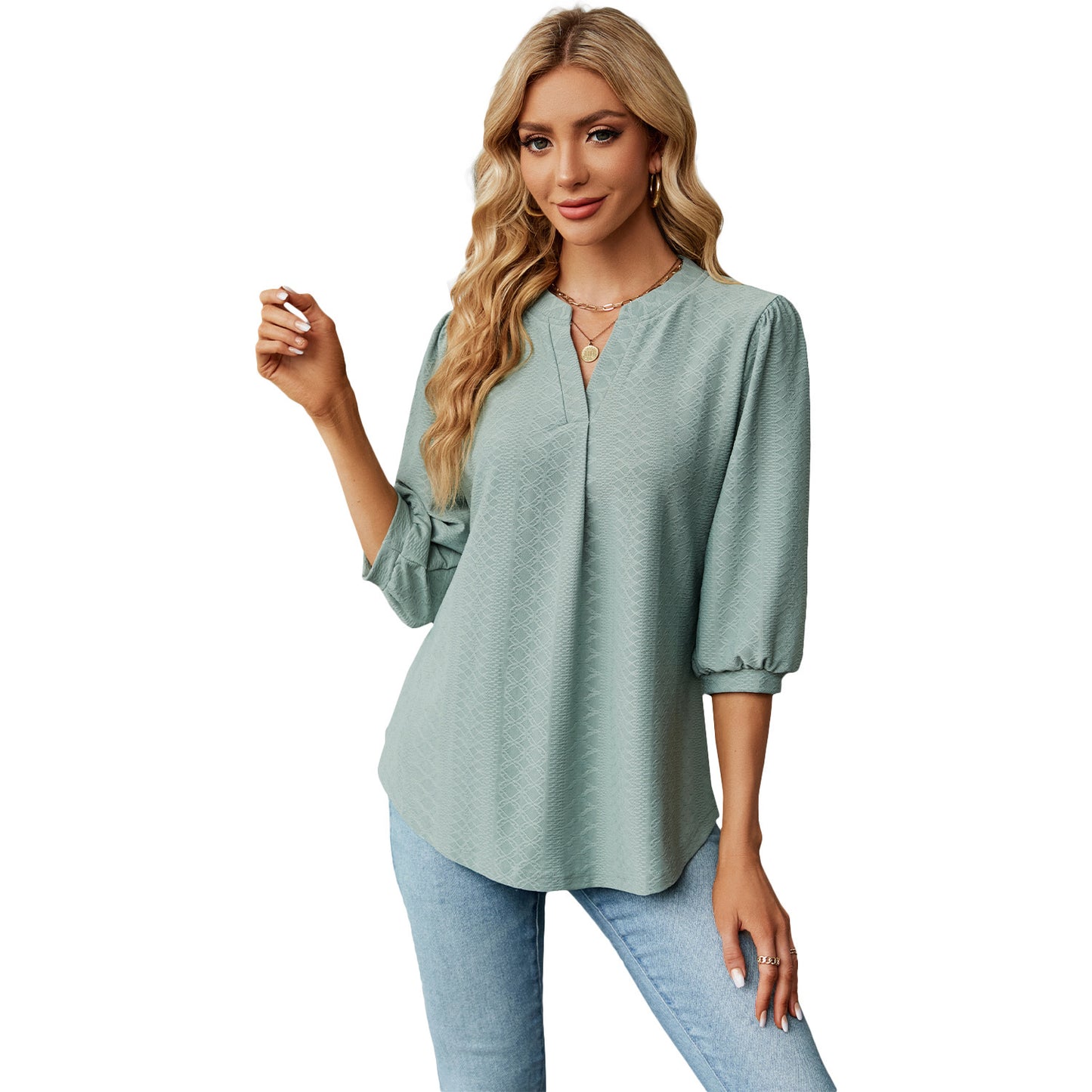 Solid Color Lace Collar Jacquard Long Sleeve Loose-fitting T-shirt Top