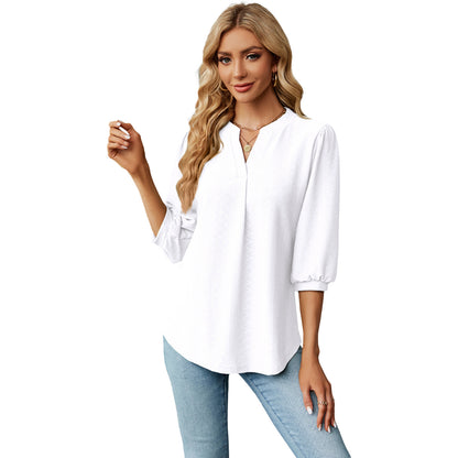 Solid Color Lace Collar Jacquard Long Sleeve Loose-fitting T-shirt Top