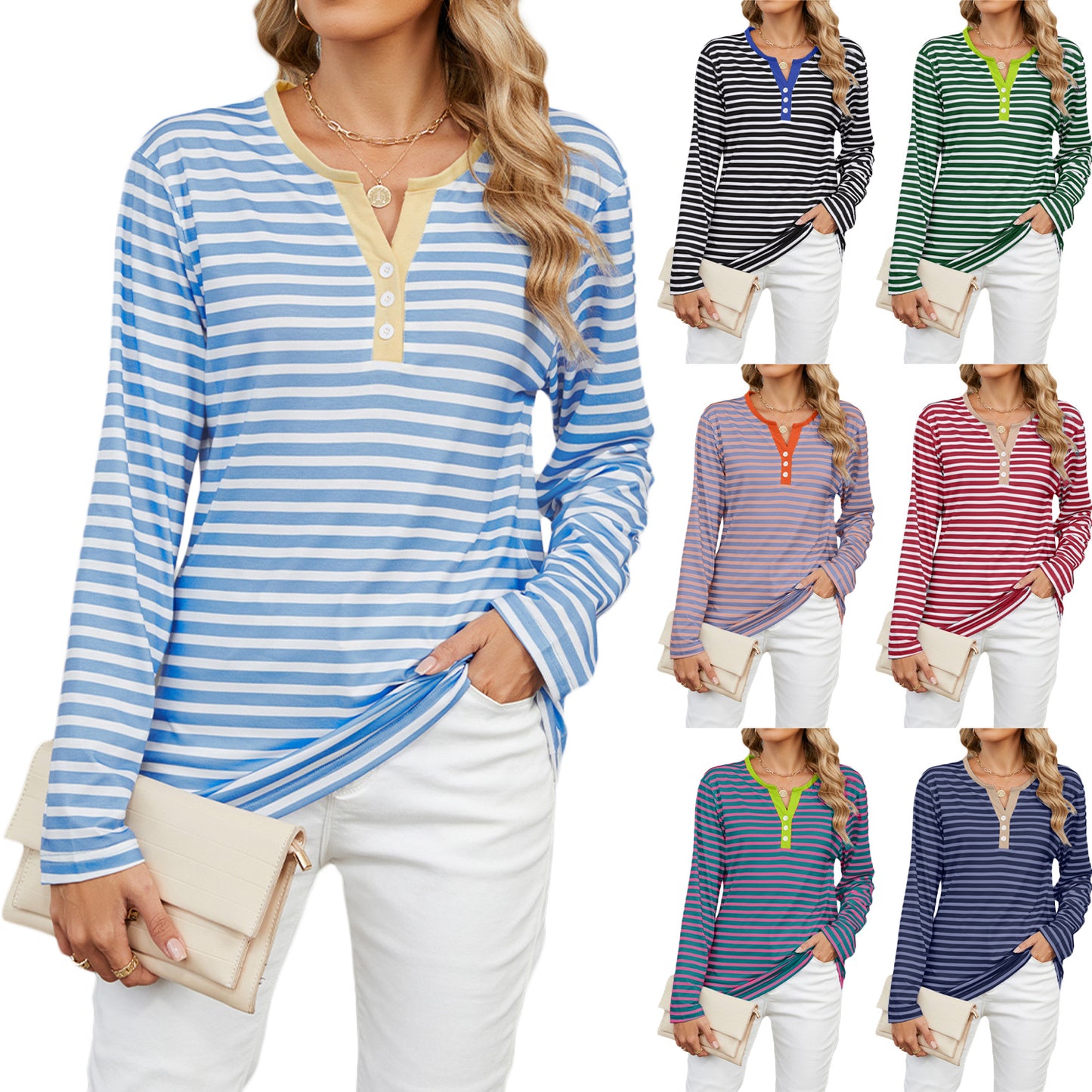 Women's V-neck Striped Loose Long-sleeved T-shirt Top