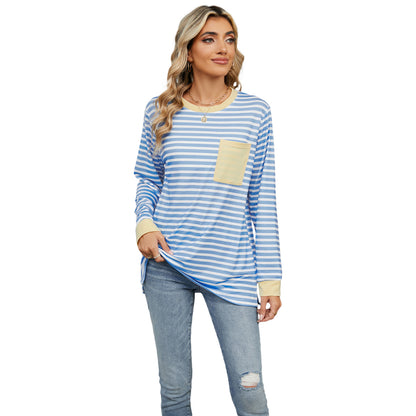 Women's Round Neck Pocket Split Upper Clothes Long Sleeves T-shirt