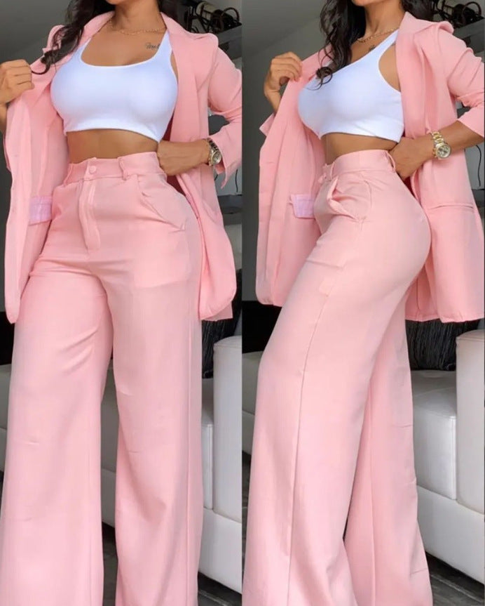 Pure Color Split Sleeve Lapel Suit Straight-leg Pants Suit Women