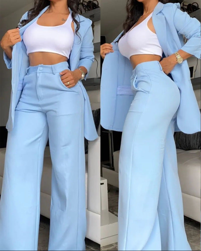 Pure Color Split Sleeve Lapel Suit Straight-leg Pants Suit Women