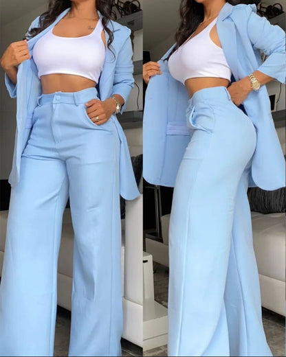 Pure Color Split Sleeve Lapel Suit Straight-leg Pants Suit Women