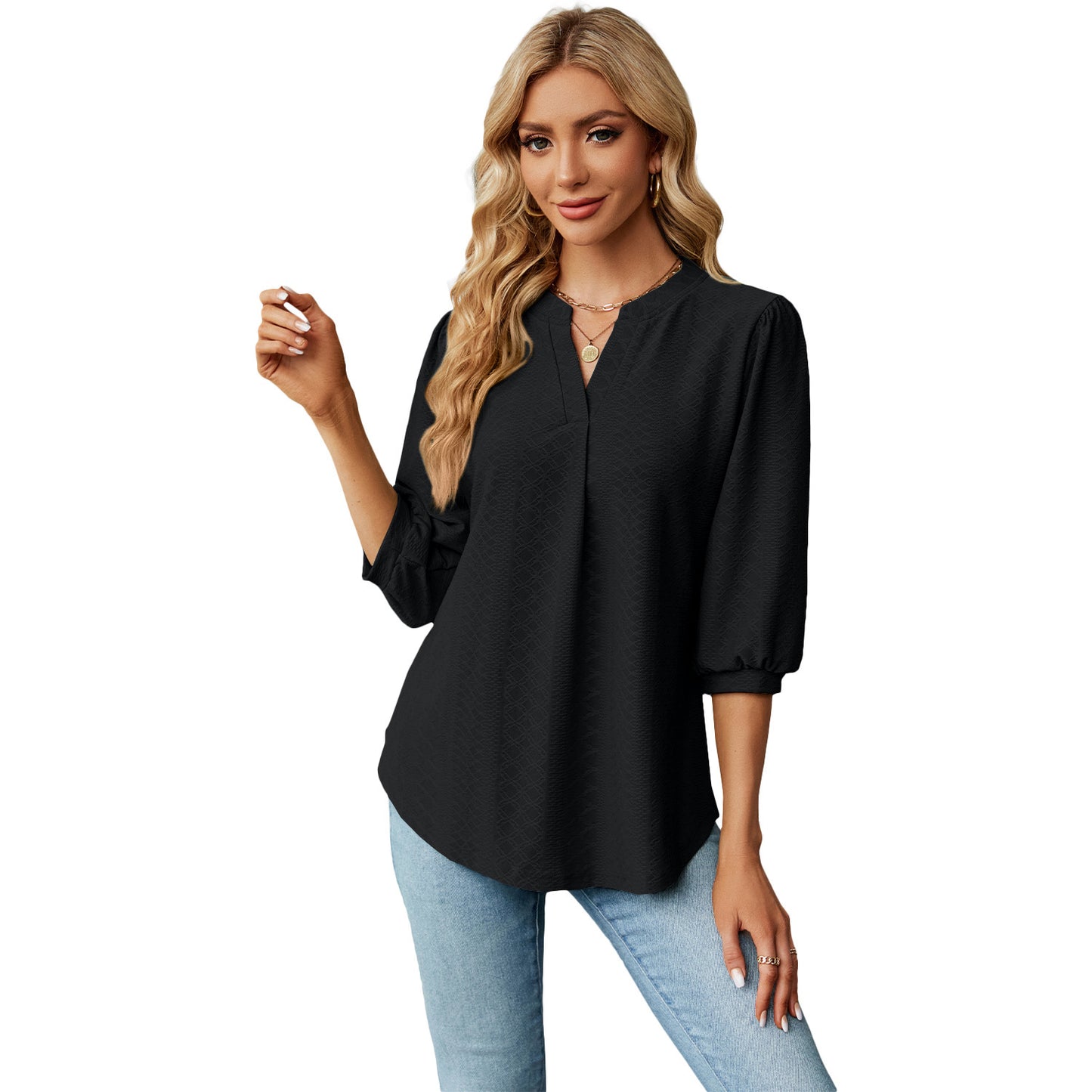 Solid Color Lace Collar Jacquard Long Sleeve Loose-fitting T-shirt Top