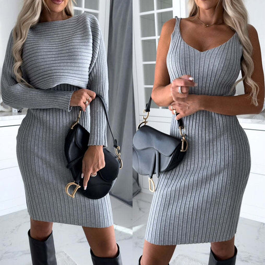 2PCS Women's Solid Stripe Suit: Long-Sleeved Top & Tight Suspender Skirt – Autumn Winter Fashion