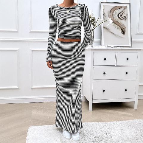 Women's Clothing Casual Contrast Color Striped Knitted Long-sleeved Dress Suit