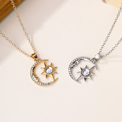 Fashion Moon & Star Zircon Pendant Necklace - Stainless Steel Choker for Women & Girls