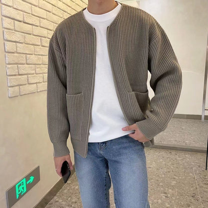 Men's Zip-Up Knitted Cardigan with Funnel Neck, Soft & Comfortable, All-Season Sweater with Pockets