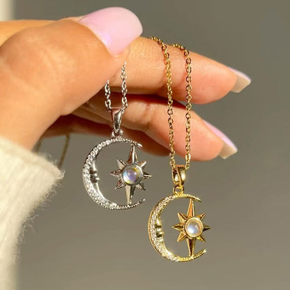 Fashion Moon & Star Zircon Pendant Necklace - Stainless Steel Choker for Women & Girls